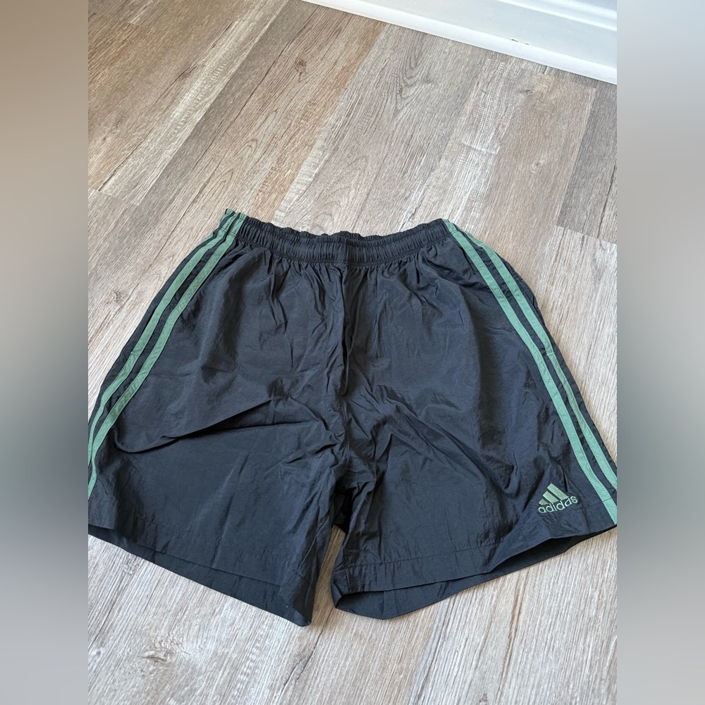 VTG 90s Adidas Black Elastic Waist Nylon Track Short Black Green Stripe Soccer M - Picture 2 of 7